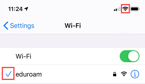 ios Wi-Fi settings menu. There is a check-mark on the left of the network named "eduroam". A Wi-Fi logo is displayed on the top right corner of the page 