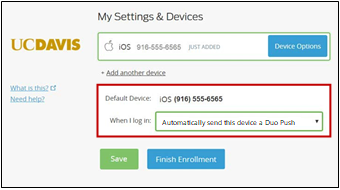 Device phone number and authentication options in My Settings & Devices menu