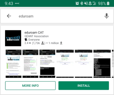Eduroam CAT is displayed as a search result when "eduroam" is searched in the android store