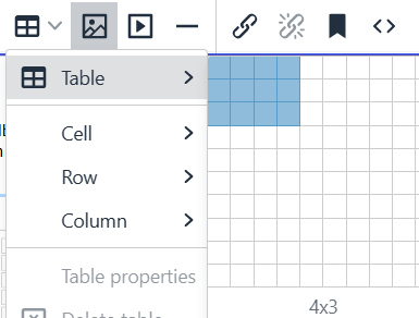 menu and options for a table
