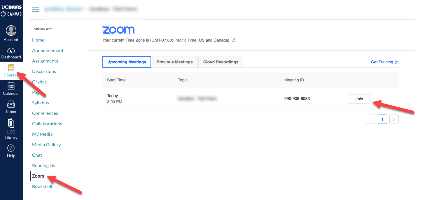 Canvas open to Upcoming Zoom Meetings page with arrows to the Courses icon, Zoom link, and Join (meeting) button