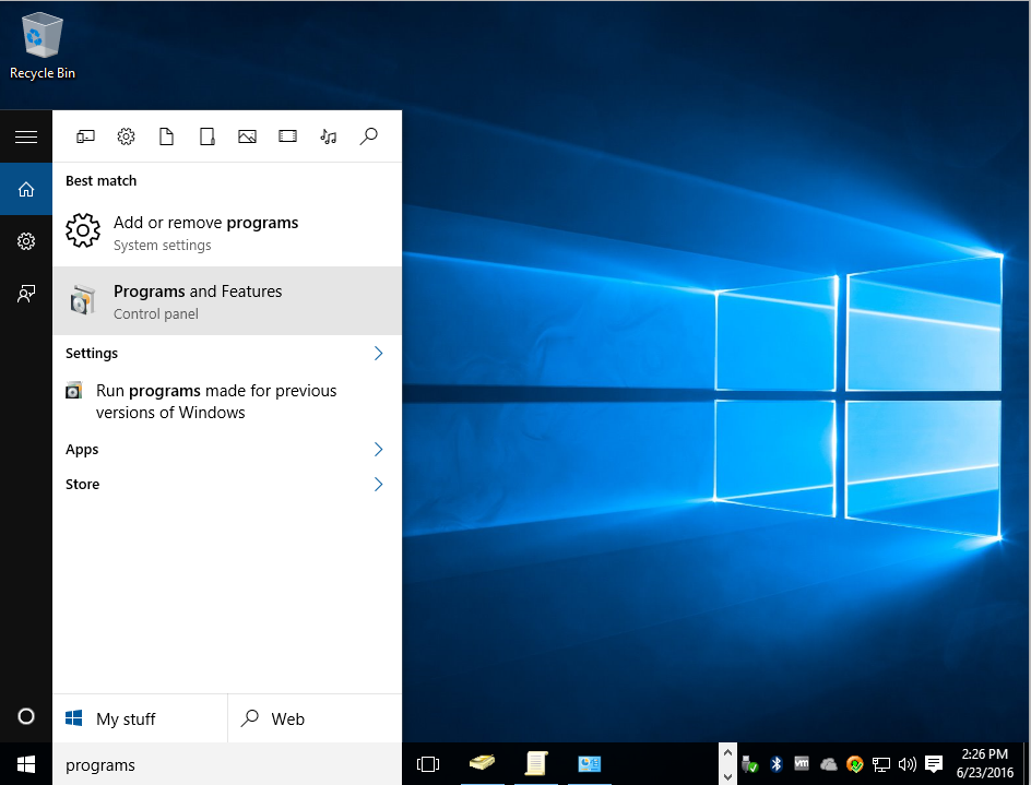 Image showing the windows 10 start menu with the word "programs" typed in
