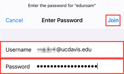 ios "Enter Password" menu depicting fields for a username and password. User can choose to join or cancel