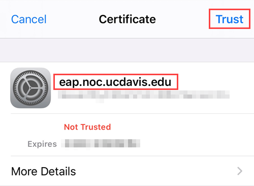 certificate menu screen for an item titled "eap.noc.ucdavis.edu". User can choose to "trust" or "cancel" the certificate