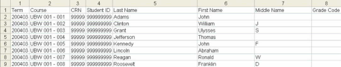 Grade spreadsheet with Term, Course, CRN, Student ID, Last Name, First Name, Middle Name, and Grade Code columns