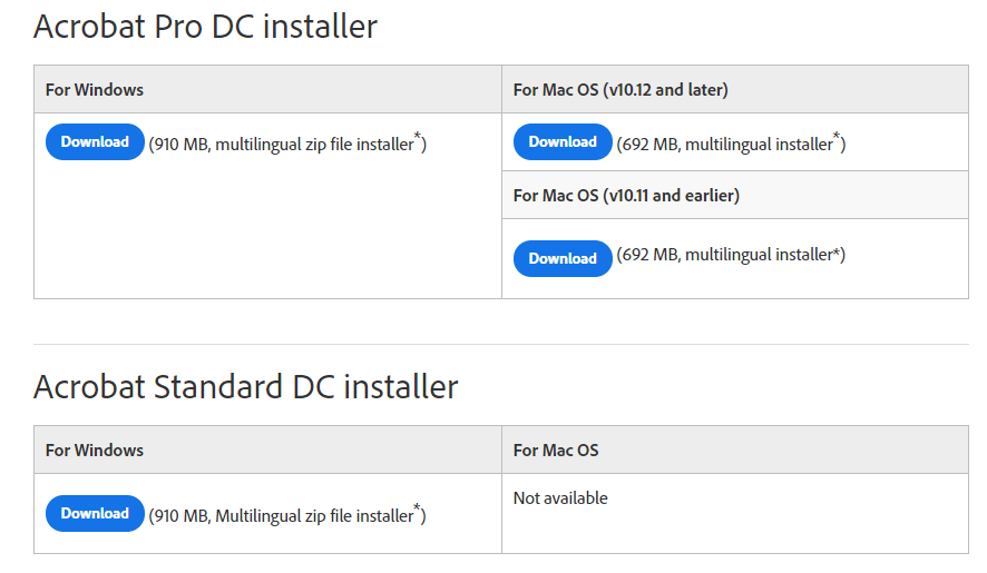 Installer window with download choices