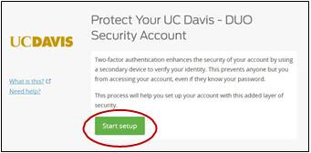 DUO enrollment page with emphasis on Start Setup button