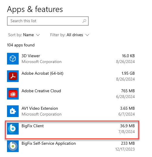 Bigfix client listed in App list