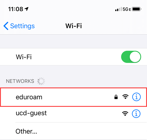 ios Wi-Fi settings menu with a Wi-Fi network named "eduroam" boxed in red