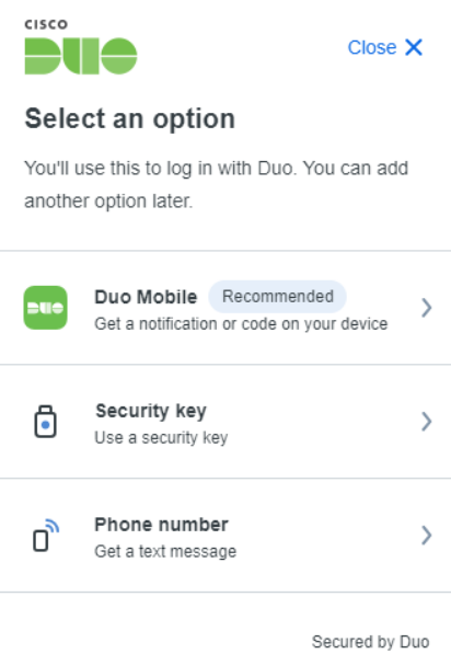 Options to log in: Duo push, Duo pin, text, call
