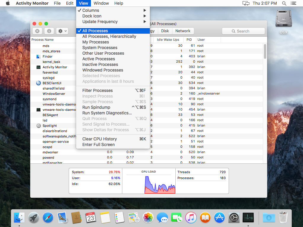 Image showing menubar of Activity Monitor, View, All Processes