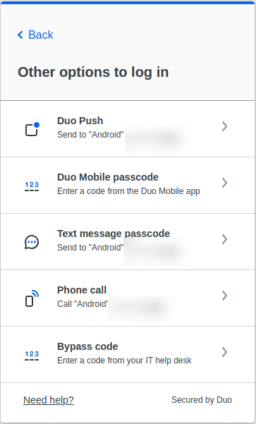 Options to log in: Duo push, Duo pin, text, call