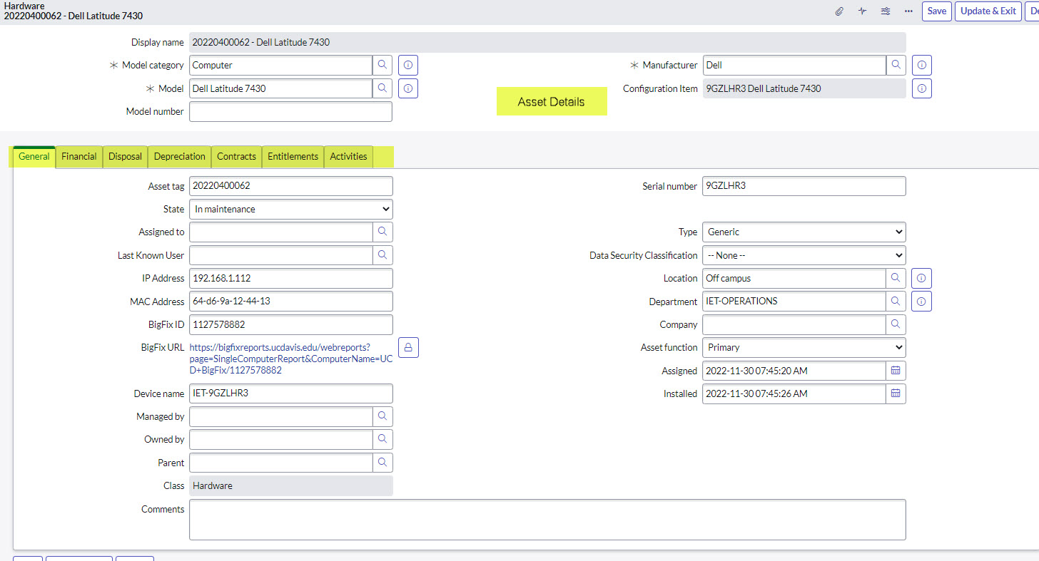 Overview of the ServiceNow Hardware Asset form - ServiceHub