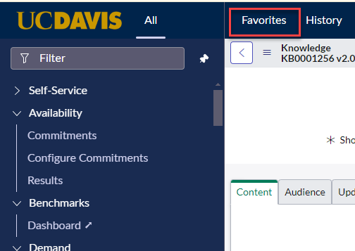image of the tabs in ServiceNow in ITIL view with the Favorites tab pinned.