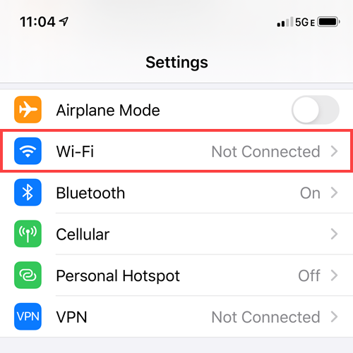 ios settings menu with the "Wi-Fi" setting, located underneath "airplane mode", boxed in red