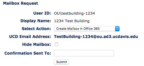 uInform Mailbox Request Page showing the confirmation page for creating the account