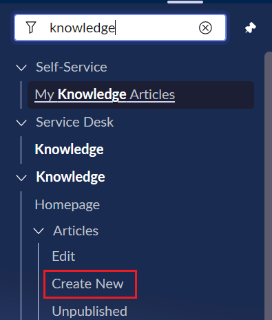 Filter navigator with Knowledge New, Create new highlighted